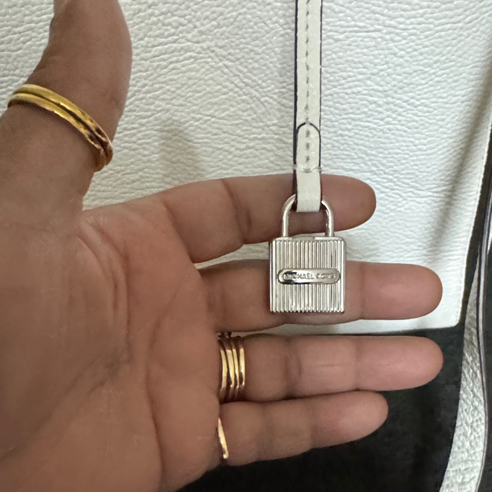 Michael Kors White Pebbled Leather Satchel with Lock Pendant - Picture 2 of 12
